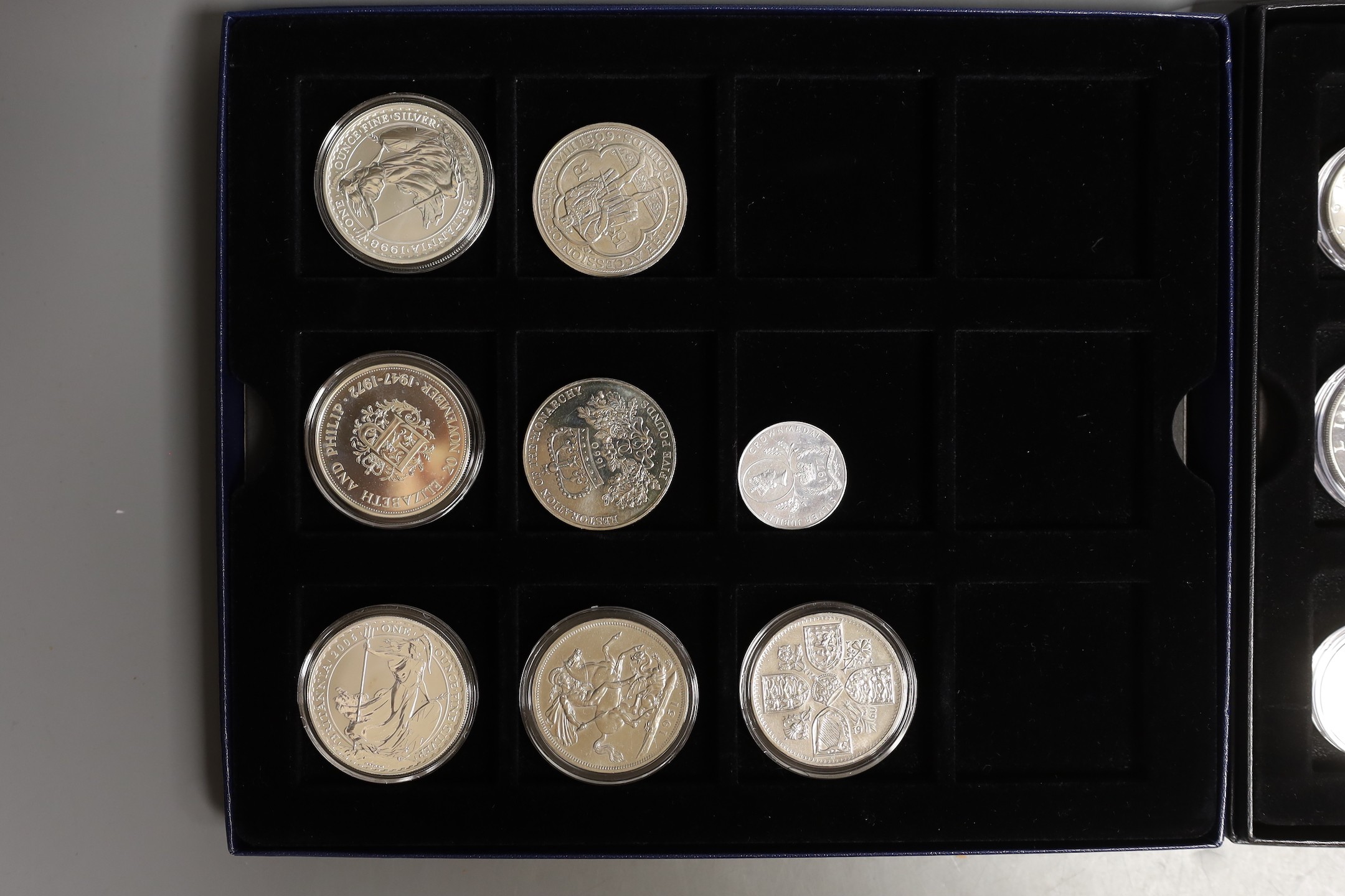UK cupronickel and Westminster Historic silver coins of great Britain and Westminster US classics silver coin collection, mostly uncirculated coins, boxed with certificates